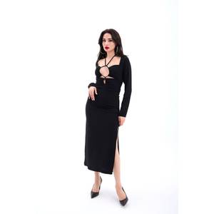 Robe fourreau noire élégante à col rond et manches longues, taille naturelle, style décontracté pour le bureau, en tissu tissé lavable, longueur mi-longue - Product Image 5