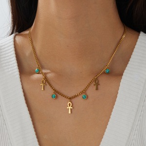 Golden Turquoise Ankh Pendant Necklace Gold Plated Stainless Steel Clavicle Chain Daily Wear Fashion Jewelry - Product Image 2