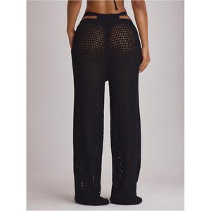 Pantalones de ganchillo para mujer, calzoncillos de playa de pierna ancha con diseño hueco, estilo bohemio para vacaciones, cubrebañadores con cintura elástica, 100% algodón, ajuste holgado - Product Image 3