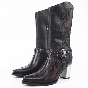 Chaussures pour femmes automne-hiver - Bottes à motif flamme vieilli avec fermeture éclair latérale, bottes de cow-boy occidentales rétro à talon carré tendance - Product Image 3