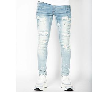 Popular <b>Slim</b> Fitting Custom Rhinestone logo <b>Patch</b> Distressed Men Wash Jeans - Product Image 3