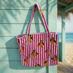 Sac fourre-tout pliable en coton matelassé, multicolore, fait main, écologique, style bohème, avec fermeture éclair, imprimé au bloc à la main, pour la plage, les voyages et le shopping - Product Image 1