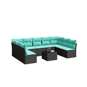 Conjunto de Sofás de Patio de Ratán Sintético Negro con Cojines, Muebles de Jardín para Exteriores, Estilo Contemporáneo, 10 Piezas - Product Image 1