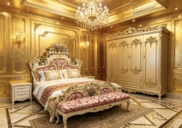 Meubles de maison et ensemble complet de meubles de chambre à coucher élégants, ensemble de meubles de chambre à coucher italien royal, ensemble de literie de luxe, lit king size classique