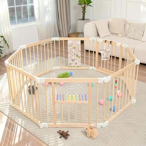 Parc d'activités pliable en bois pour bébé, taille et forme réglables, aire de jeu portable, clôture de jeu pour bébé avec portillon - Product Image 1