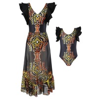 Maillot de bain une pièce personnalisé OEM à imprimé tribal africain, avec manches à volants et jupe en maille, pour mère et fille