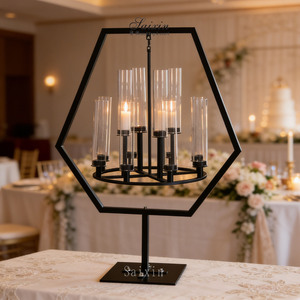 Geometric Hexagon Black Metal Hanging <strong>Candle</strong> <strong>Holder</strong> With 10 Glass Tubes For Wedding Decor - Product Image 1