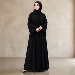 Black Modest Abaya Floor Length Long Sleeve High Neck Beaded Details Women's <b>Prayer</b> <b>Dress</b> Middle East Style Solid Polyester - Product Image 2