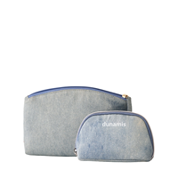 Ensemble de trousses de maquillage holographiques en jean délavé avec fermeture éclair, poignée souple et détails pailletés, organisateur de voyage en forme de coquille