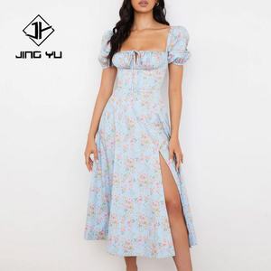 ชุดเดรสลำลองแฟชั่น OEM ลายดอกไม้ จับจีบช่วงอก ผูกโบว์ คอเหลี่ยม ตัดเย็บตามสั่ง ผ้าเรยอน ความยาวปานกลาง - Product Image 2