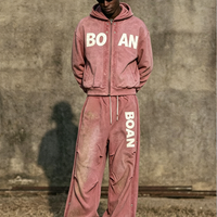 Ensemble de survêtement vintage délavé personnalisé, streetwear vieilli, sweat à capuche zippé et pantalon de jogging pour homme, survêtement de fitness épais