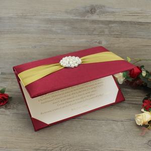 High-End Mewah Anggur Merah Lipat Sutra Permata Undangan Pernikahan dengan Mutiara - Product Image 4