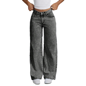 Jean thermique ample à jambe large et taille haute pour adolescentes, coupe droite décontractée, en denim délavé vintage, toutes saisons, sur mesure - Product Image 4