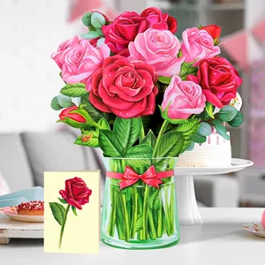 Individuelles Design heiß begehrt Papierblume handgemacht 3D Pop up Rose Bouquet Grußkarte für Valentinstag