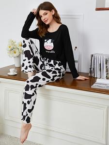 Liscio su misura <span class=keywords><strong>pigiama</strong></span> da donna a maniche lunghe e pantaloni Set due pezzi, seta latte <span class=keywords><strong>con</strong></span> stampa dinosauro All-over dei cartoni animati. - Product Image 6