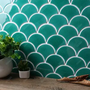 Home improvement turquoise green fan shape porcelain mosaic crackle glazed wall tile