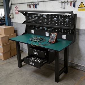 Laboratory Adjustable Desk Metal Industrial Style Black With Pegboard And <b>Drawers</b> For <b>Workshop</b> Use - Product Image 1
