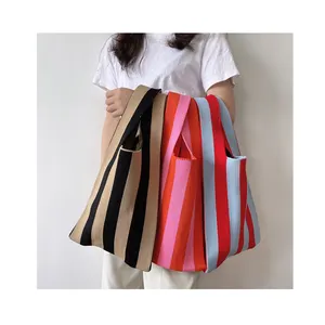 Wholesale ladies blue striped knitted bags women t-shirt crochet bag small handbag purse girls shopper bag