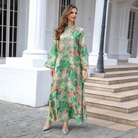 Robe Abaya de Haute Qualité pour Femmes Musulmanes, Col Montant, Manches Longues Évasées, Imprimé Feuille d'Érable, Broderie, Maxi Kaftan, Robe de Soirée Islamique