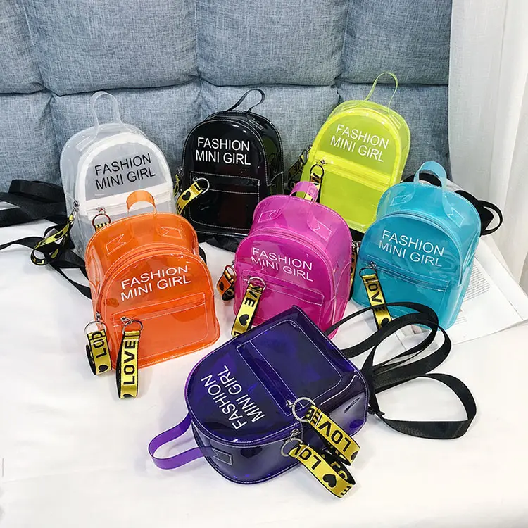 Su geçirmez Şeker Renk Mini PVC Şeffaf Şeffaf seyahat sırt çantası Kızlar için