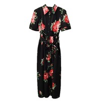 Robe d'été élégante vintage pour femme, imprimé rétro, col rabattu, taille à cordon, manches courtes à volants
