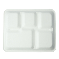Plateau rectangulaire jetable moderne et écologique à 5 compartiments avec couvercle, biodégradable, compostable, compatible micro-ondes, idéal pour le camping