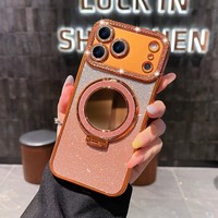Étui de téléphone magnétique de luxe avec support miroir transparent électroplaqué et paillettes pour iPhone 17Air 16E 15 14 13 Pro Max, coque diamant
