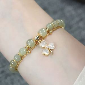 Clover Leaves Double Layer Imitation Natural Hetian Jade <b>Bracelet</b> Crystal Gemstone <b>Beads</b> Jade Handmade <b>Bracelet</b> for Women - Product Image 2
