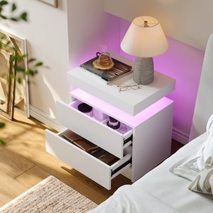 Table de chevet moderne SENYU avec LED blanches, table de chevet pour chambre à coucher avec 2 tiroirs en bois, table d'appoint - Product Image 4