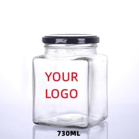 Bocaux en verre pour aliments 50ml 80ml 100ml 150ml 200ml 280ml 500ml 730ml, bocaux en verre carrés avec couvercles en métal noir pour le stockage des aliments, du miel