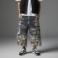 Celana Pendek Kargo 3/4 Panjang Model Street Style Faka Two Camo Print Patch Pocket Distressed Holes Raw Hem 100% Katun Anti-UV Ramah Lingkungan