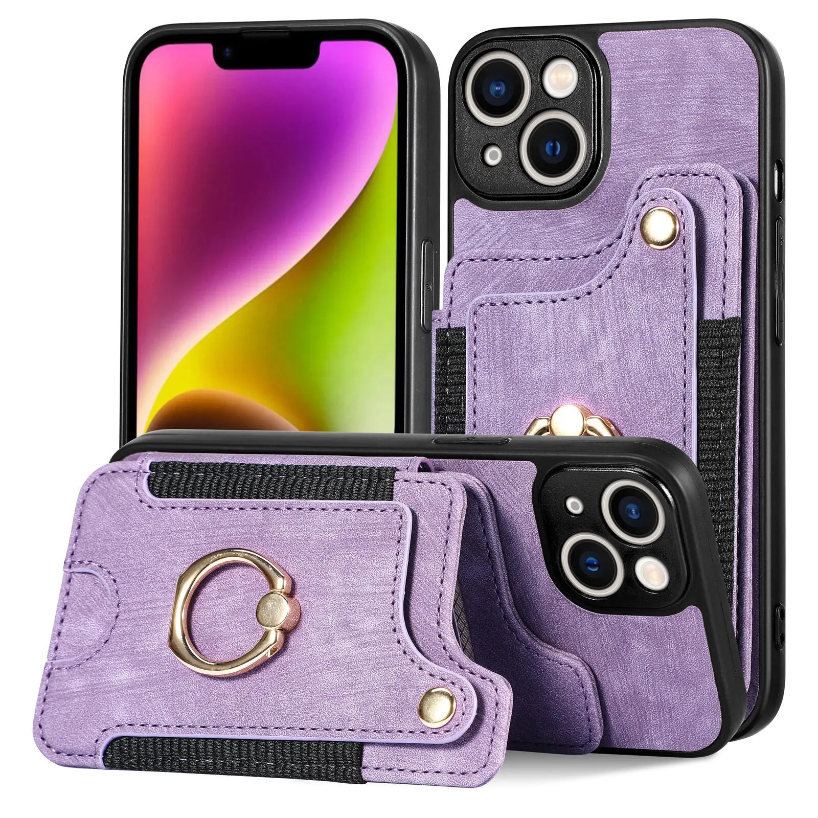 Leather case for iPhone 14 Samsung S23 Ultra RFID Block Multi-function Card Holder Case Wristlet Case with Ring Holder Lanyard