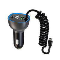 Cargador de Coche con Cable Retráctil Tipo-C de 3 Puertos, PD/USB-C/QC3.0/USB-A, Carga Rápida, Adaptador para Encendedor de Cigarrillos, para Coches de 12-24V, 1 Año de Garantía