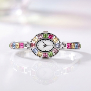 Soleviah – montre-bracelet en cristal coloré pour femmes, cadran ovale en nacre, bijoux en argent, montre-bracelet à Quartz, cadeau de mariage - Product Image 2