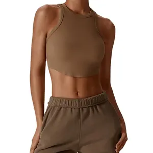 2024 Factory Custom Ladies Sexy Brown Ribbed Womens Crop Top Blank Vest Gym Women's Rayon Tank Top