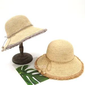 قبعة قش شفافة للنساء للشاطئ على شكل حرف V مع حبل منسوج من علامة تجارية جديدة