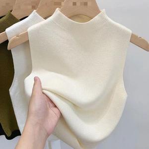 Grosir Atasan Wanita Kasual Tanpa Lengan Model Crop Top Tank Top Warna Solid Rajutan Kaos Kerah Setengah Tinggi 2025 - Product Image 5