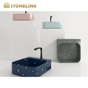 Toptan renkli lavabo çeşitli dikdörtgen Terrazzo taş lavabo banyo tasarımı için