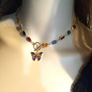 New Handmade Square Colorful Crystal Bead Chain Necklace OT Buckle Butterfly Pendant Clavicle Necklace