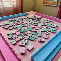 Ubin Mahjong Akrilik Ganda Mewah Warna Hijau Mint dengan Tepi Merah Muda, Ubin Cetak Botani Vas Bunga Vintage Bergambar Tangan Amerika