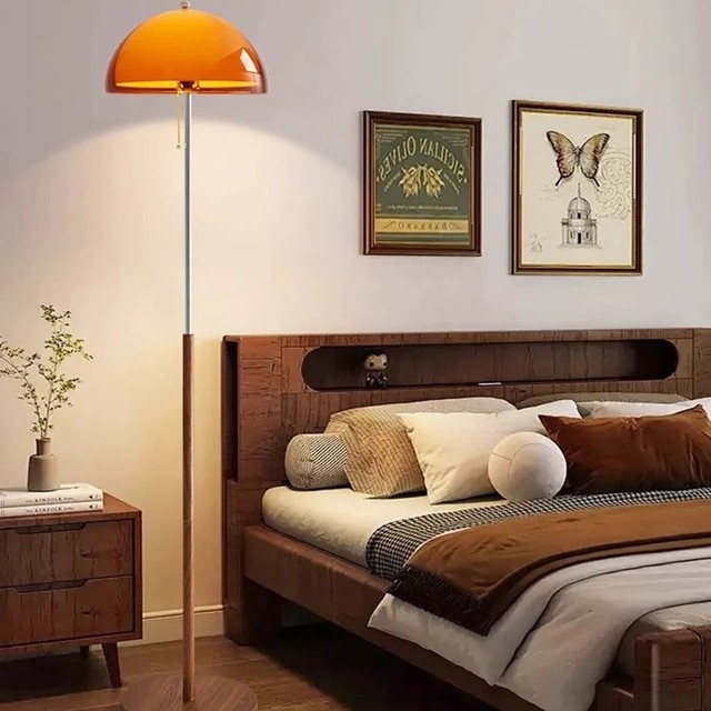 Modern LED Mushroom Floor Lamp with Antique French Design E27 Base Wooden Shade Dimmable Warm White Light for Warehouse Use