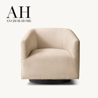 Fauteuil d'appoint pivotant moderne, rembourré en tissu bouclé, dossier tonneau, base en bois noir, pour salon, chambre, hôtel, salle de séjour