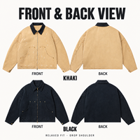 Blouson de travail vintage délavé 100 % coton pour homme, coupe ample, épaules tombantes, effet vieilli, fermeture éclair, streetwear, logo personnalisé, vente en gros