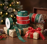 Ruban décoratif personnalisé en satin polyester imprimé pour accessoires vestimentaires de Noël