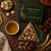 Coffret Cadeau Luxe Thé aux Cinq Trésors au Ginseng 5g*30 Sachets de Thé Pyramidaux Maca Goji Mûre Dattes Rouges Boîte Cadeau Bien-être Premium