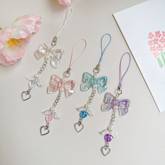 Heart Charm Butterfly Bow Cell Phone Beads Strap Keychain Cute for Hanging Mobile Lanyard Phone Key Chain Accessories