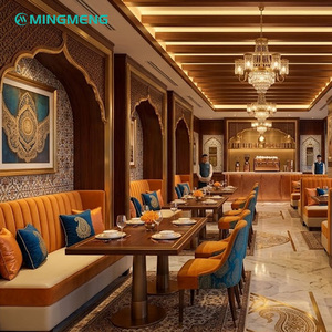 MINGMENG <b>Restaurant</b> Furniture <b>Set</b> Marble Top Metal Frame Orange Upholstered Booths Mediterranean Style 6 Seater Dining <b>Set</b> - Product Image 5