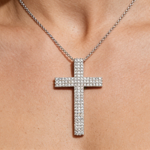 CUSTOM SILVER 10K/14K/18K GOLD PLATED LAB GROWN CVD DIAMOND CLASSIC ENGAGEMENT GIFT SWEATER <b>CHAIN</b> NECKLACE <b>CROSS</b> PENDANT VS - Product Image 4