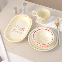 Service de table écologique en porcelaine fine, style coréen, peint à la main, motif chat mignon jaune clair, lignes contrastées rétro, pour fête, comprenant tasses et assiettes