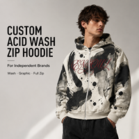 Sweat à capuche zippé en molleton français personnalisé, imprimé graphique éclaboussures d'encre noire sur toute la surface, logo brodé, streetwear, sweats à capuche et sweat-shirts pour hommes